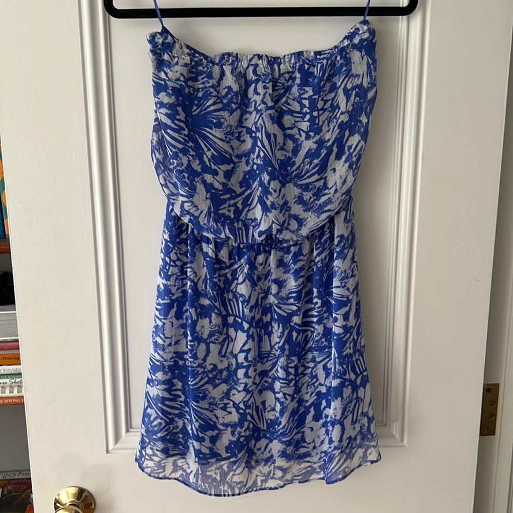Express blue floral strapless mini